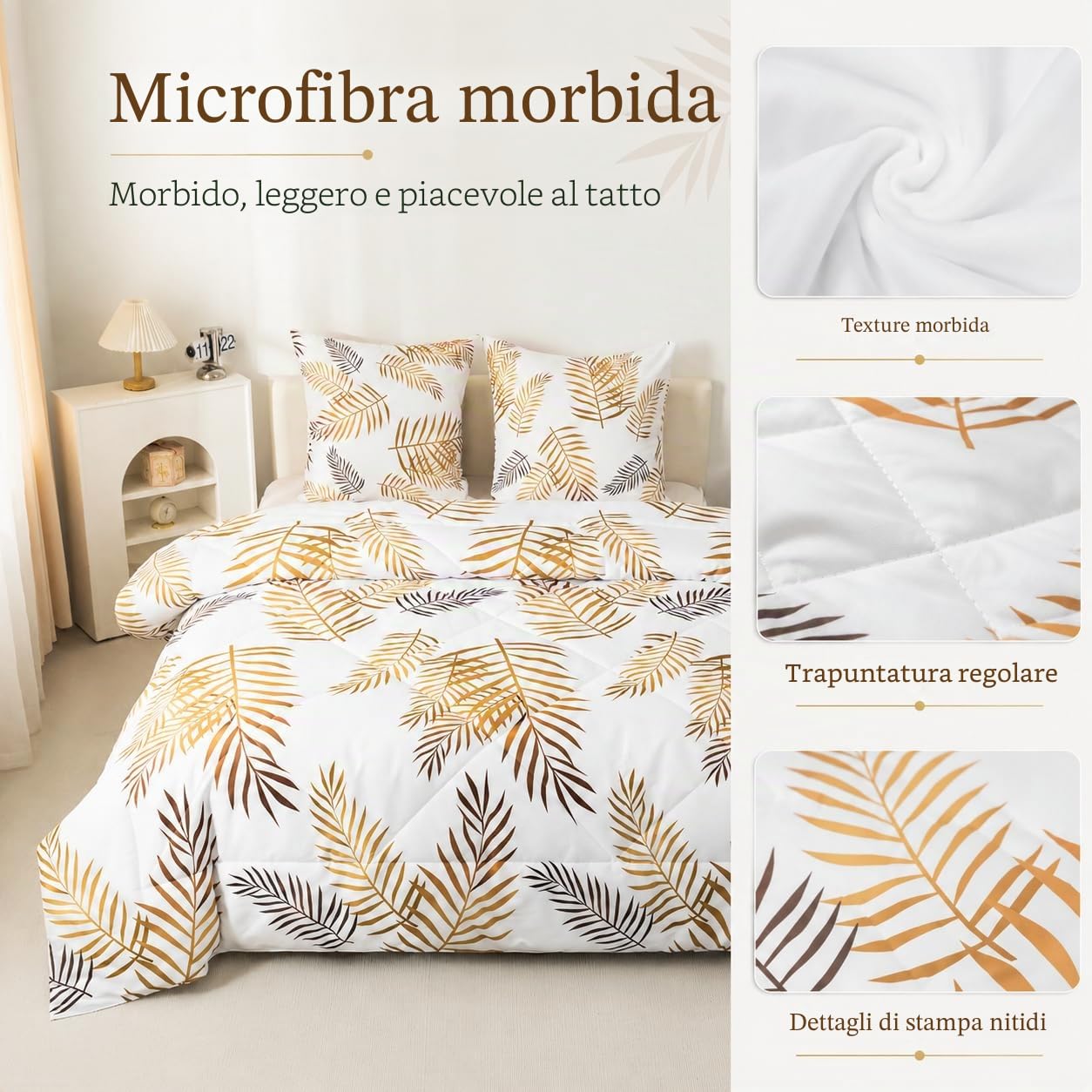Trapunta 220 x 240 cm Piante Bianco Stampata Foglie Palma 4 Stagioni per Letto 2 Persone, Edredon Reversibile Trapunta Legere, Senza Houss e 2 federe 65 x 65 cm