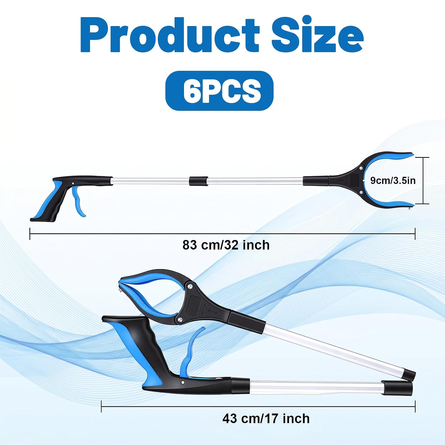 6 Pack 32 Inch Trash Grabber Reacher Tool Wide Jaw Foldable Grabbers for Seniors Blue Anti Slip Rubberized Claw 4 Inch Opening Lightweight Aluminum Alloy Multi-Use Outdoor Home Garden