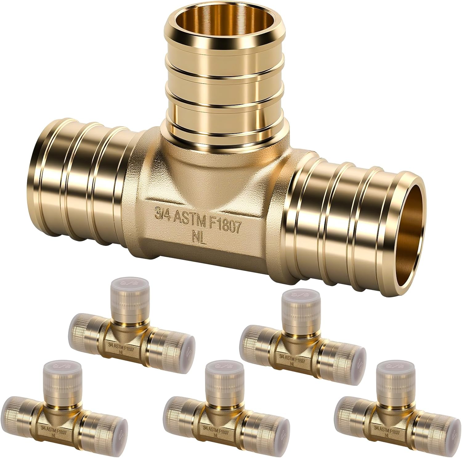 OURU PEX Fittings 3/4 Inch, 12PCS Tee Lead-Free Brass Connectors for PEX B Pipe, NSF UPC Certified, ASTM F1807, Compatible with Crimp/Clamp Rings (Hot/Cold Water, Hydronic Heating)