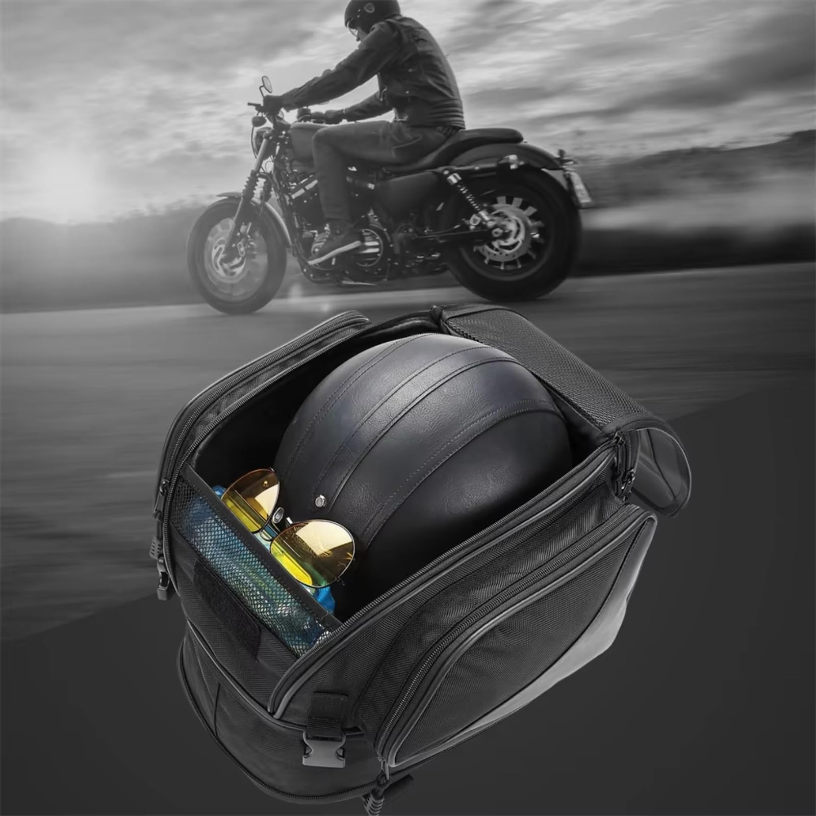 Bolsa sillín Motocicleta Bolsas Traseras para Asiento De Motocicleta Portaequipajes para Casco Trasera Expandible Almacenamiento Herramientas Accesorios Universales