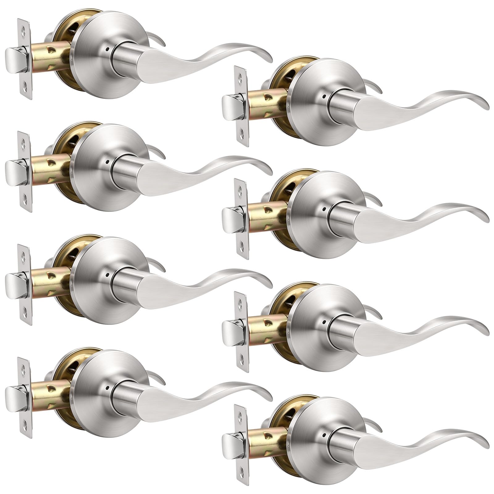 Mengico 8 Pack Satin Nickel Modern Interior Passage Door Knobs, Keyless Door Handle for Hallway &amp; Closet, Wave Style Non-Locking Door Lever Reversible for Left &amp; Right Handed