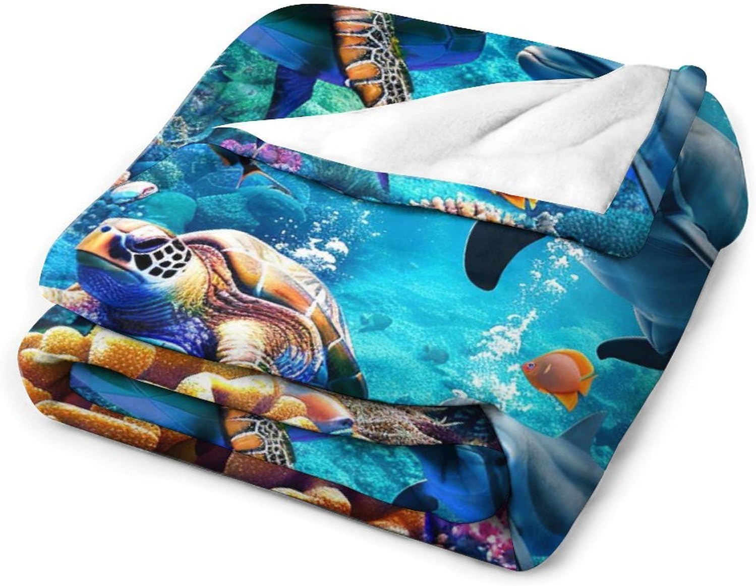 Ocean Sea Turtle Dolphin Throw Blanket Fish Animal Blue Print Blankets Gifts for Couch Sofa Bed Stuff Decor Soft Cozy Fleece Plush Flannel Bedding for Lover Men Women Boys Girls Adults 50"x60"