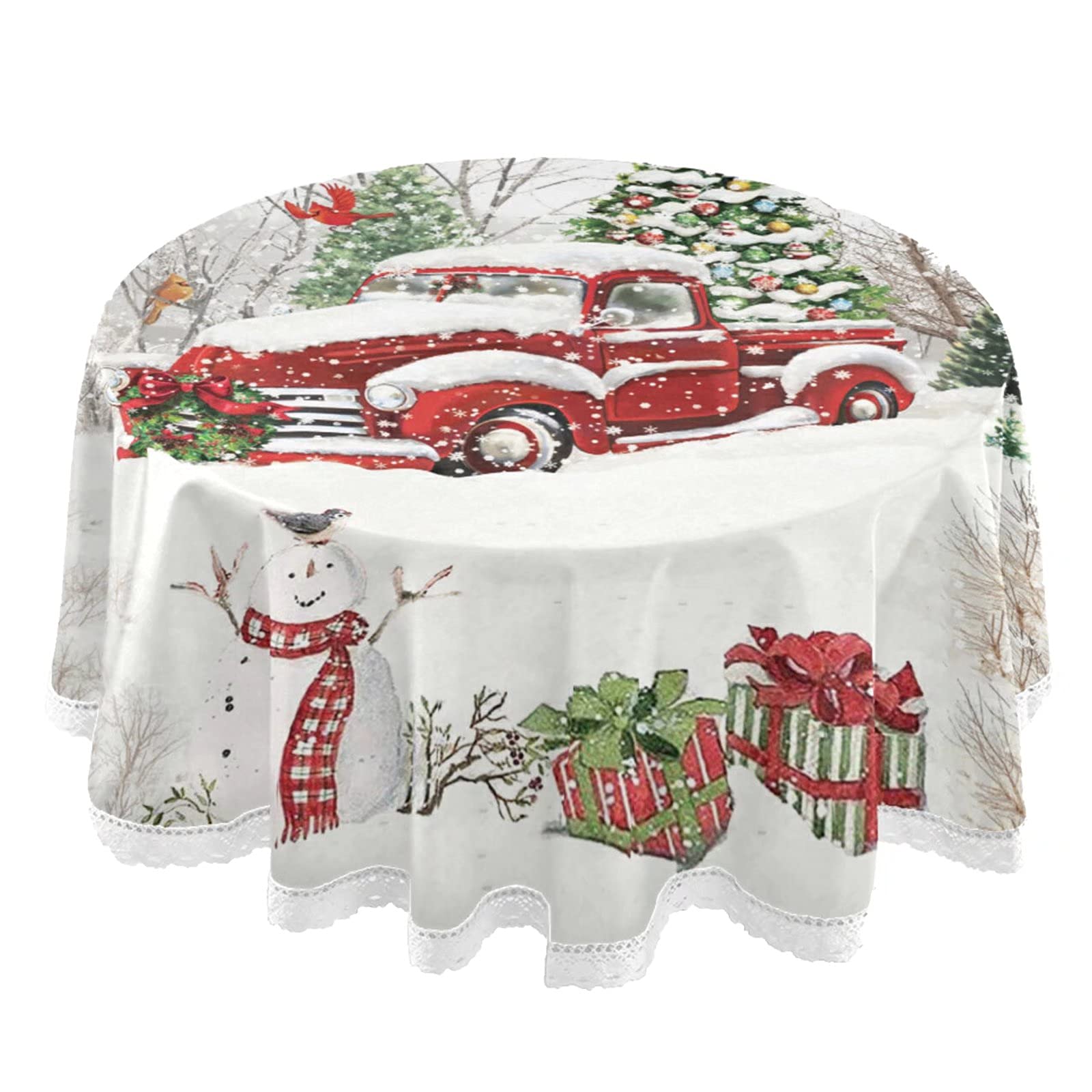 Winter Truck Round Tablecloth Snowman Snowflake Xmas Tree Table Cloth Cover Mat Lace Washable Polyester 60" Dining Decorative for Holiday Home Party Wedding Picnic