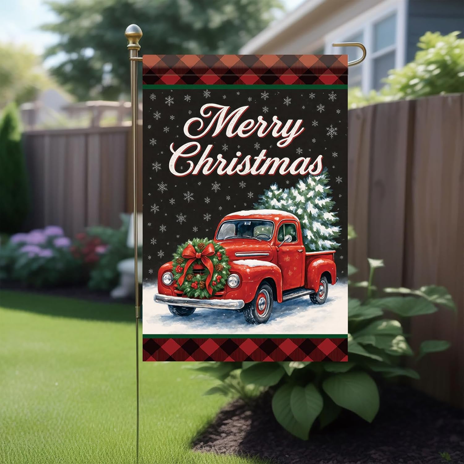 Christmas Garden Flag Red Vintage Truck Pine Tree Wreath 12x18 Inch Double Sided Outdoor Yard Banner for Winter Holiday Snow Scene Merry Christmas Small Decoration Decor - Image 4
