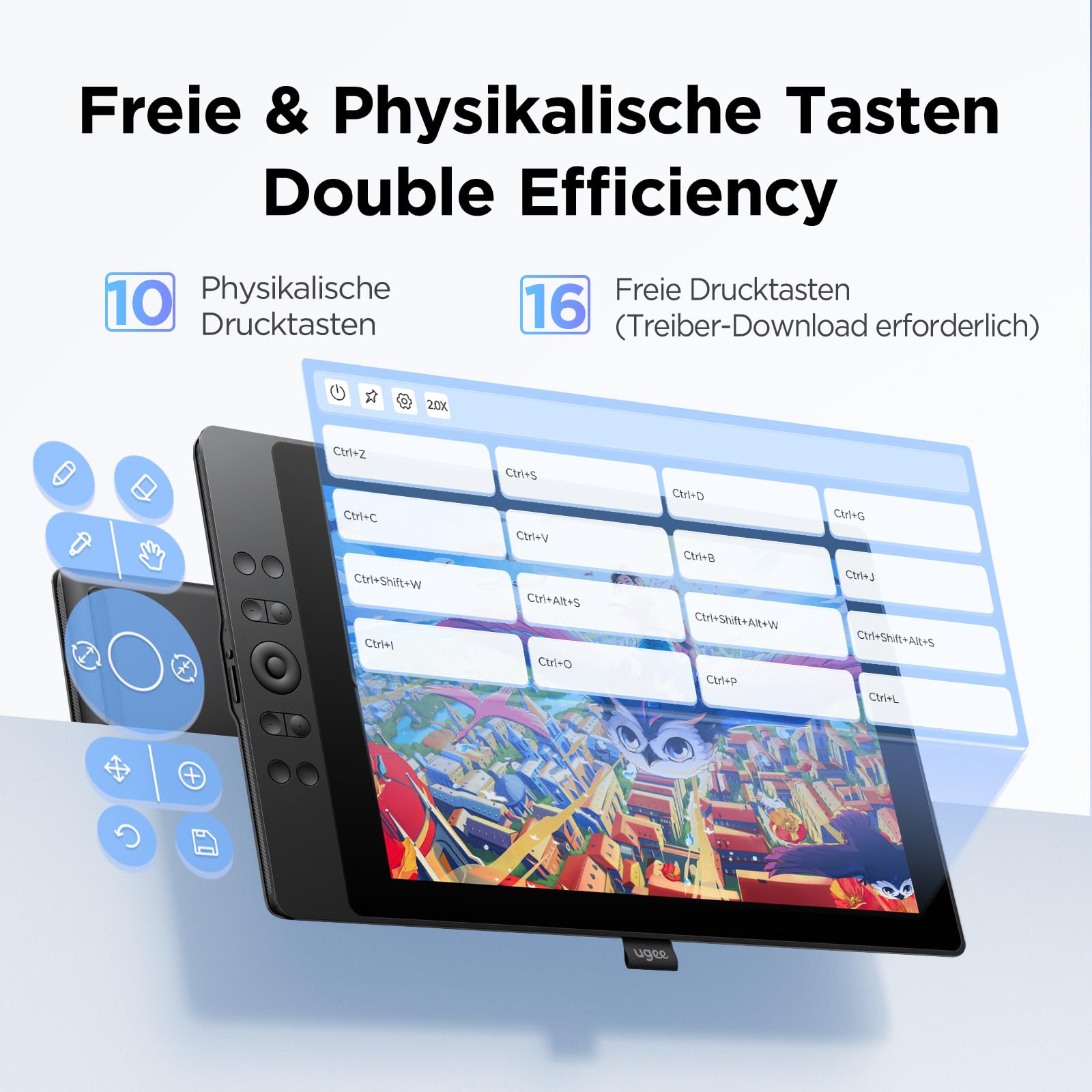 ugee Grafiktablett mit Display, UE16 FHD IPS 15.4 Zoll Grafiktabletts mit 143% sRGB Bildschirm, 16K Stufen Batterie-freiem Stylus, 8 physische Hotkeys und EIN rundes Rad