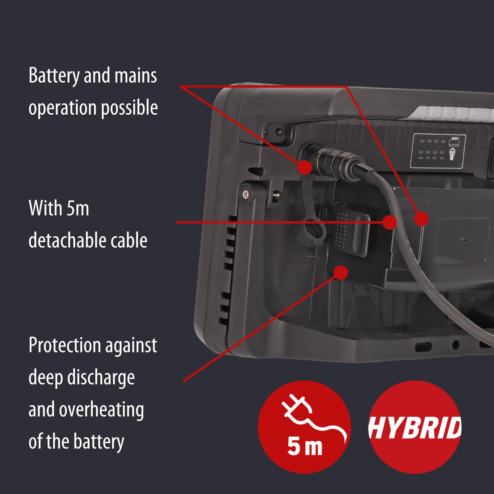 Brennenstuhl Lampada da lavoro ibrida LED 10053 MH (12500 lm, IP54, proiettore compatibile con batterie da 18 V da 7 diversi produttori, cavo da 5 m, senza batteria, progettato in Germania
