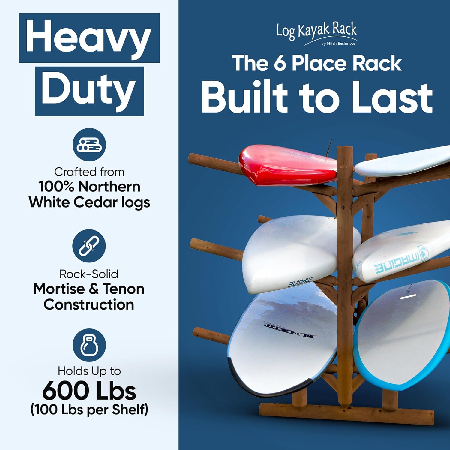 6-Place Log Kayak Rack / Canoe Racks, Freestanding Paddle Board Storages, Surfboard Stand, Canoe Paddles or SUP Storage Racks, Paddle Board Rack for Outdoor Storage