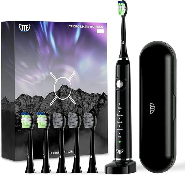 Electric Toothbrush with Travel Case JTF Sonic Electric Toothbrush for Adults Rechargeable Electric Whitening Toothbrush, 6 Dupont Toothbrush Head, 5 Modes with Whitening, 2 Minutes Smart Timer, Black
