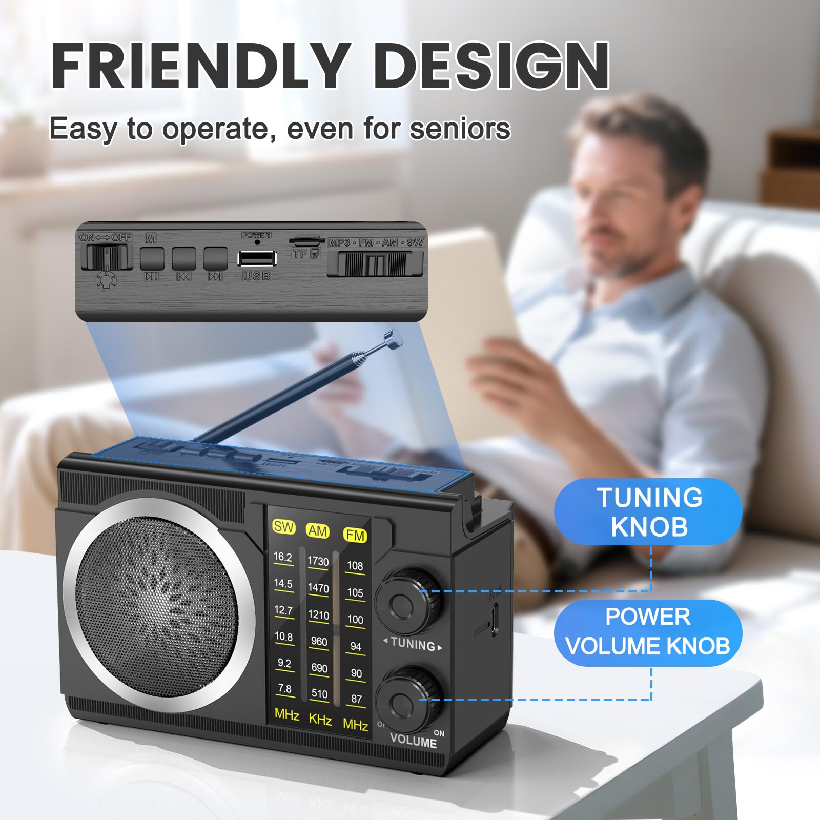 PRUNUS J-135 Radio Portatil Pequeña FM/Am/SW, Radio Solar y Recargable de 1800mAh, o Funciona con 4 Pilas AA, Transistor Radios con Bluetooth 6.0, Reproductor USB/TF, Fácil de Usar.