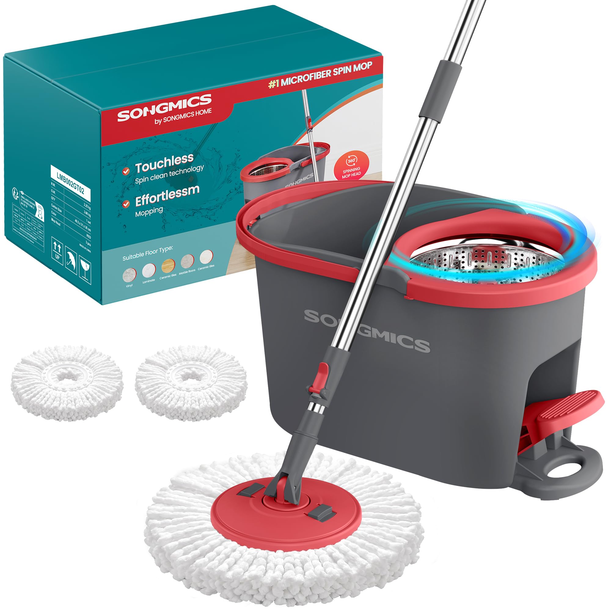 SONGMICS Mop Obrotowy z Wiadrem, z 2 Wkładami z Mikrofibry | Zestaw do Sprzątania, Stal Nierdzewna, 44 x 29 x 27,8 cm, Szary i Czerwony, Kolekcja CLEMAX LMB002GT02