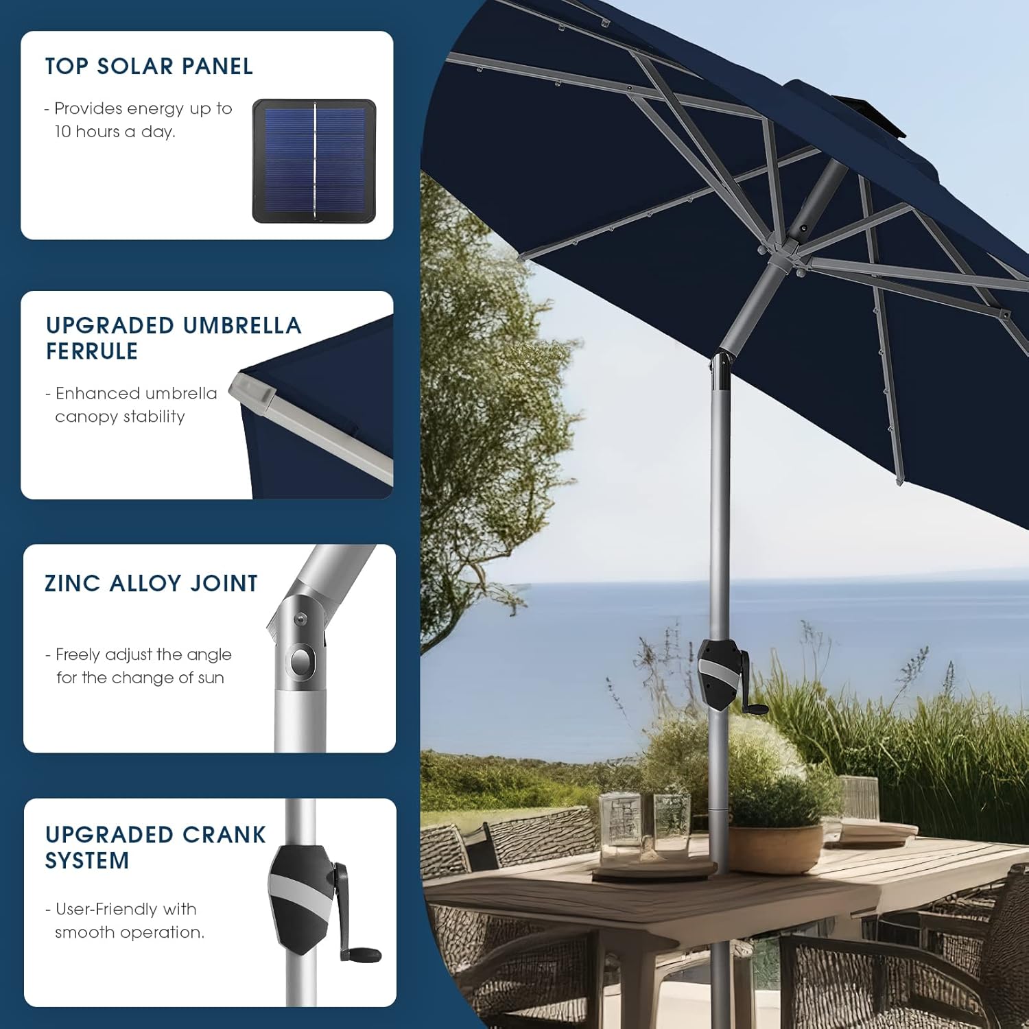 BLUU 10 Ft Patio Umbrella with Solar LED Lights, 5-Year Fade-Resistant Aluminum Outdoor Table Umbrella with Tilt Adjustment and Crank for Pool, Deck, Garden and Lawn, Navy Blue - Image 5