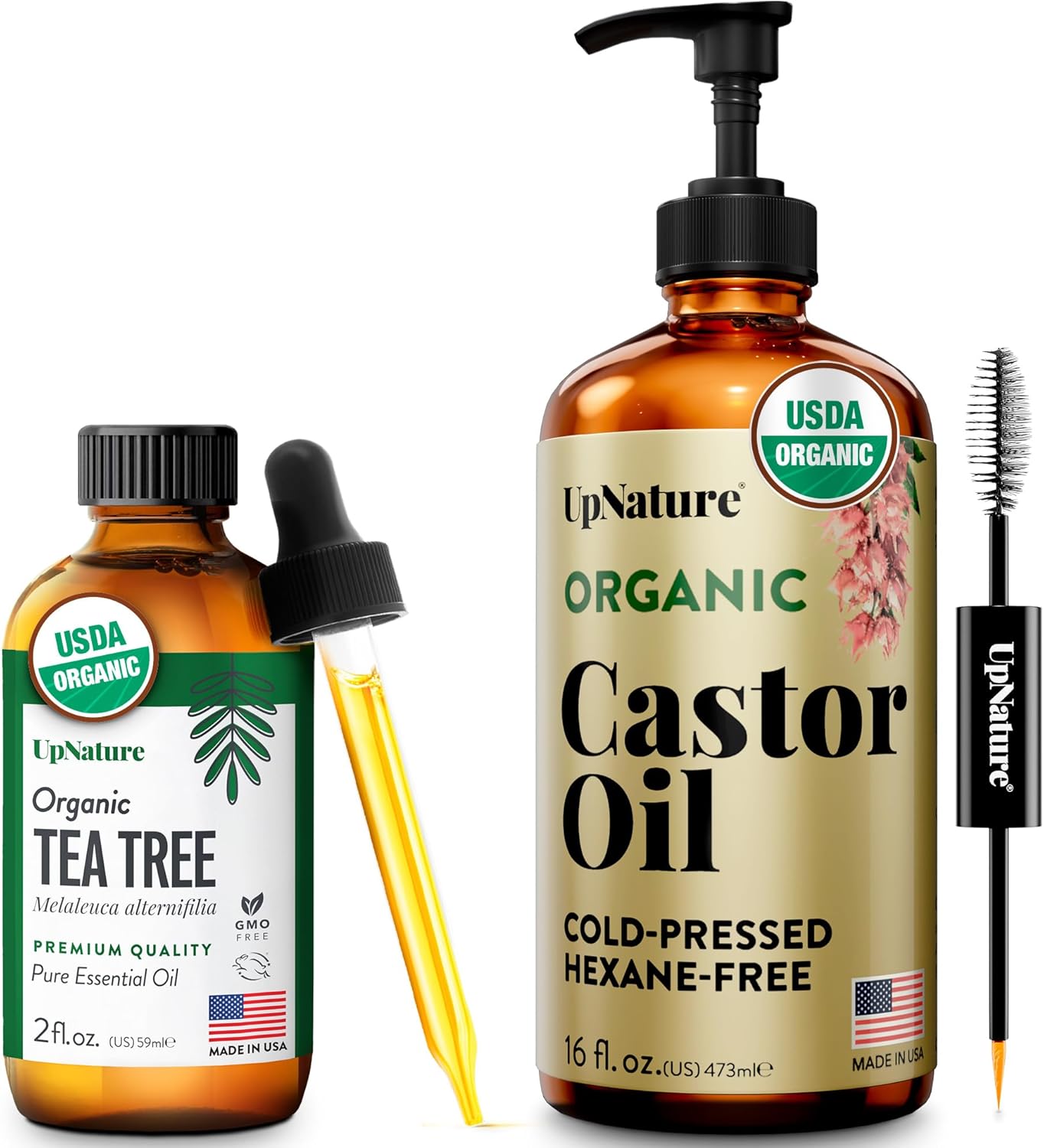 UpNature Organic Tea Tree Essential Oil (2oz) + UpNature Organic Castor Oil (16oz) – Oil Bundle for Healthy Skin & Hair