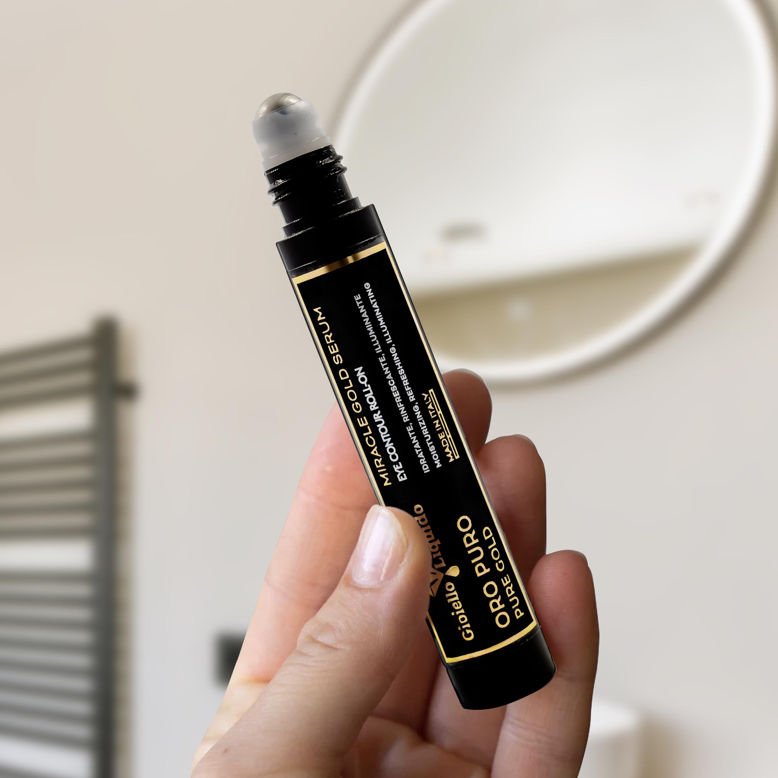 Box mit strahlendem Blick - 1 Gesichtsmaske mit kolloidalem Gold und Hyaluronsäure 30 ml + 1 Roll-on Augenkontur mit Kofferin, Kolloidales Gold 15 ml - Gratis Proben-Set - Gioiello Liquido