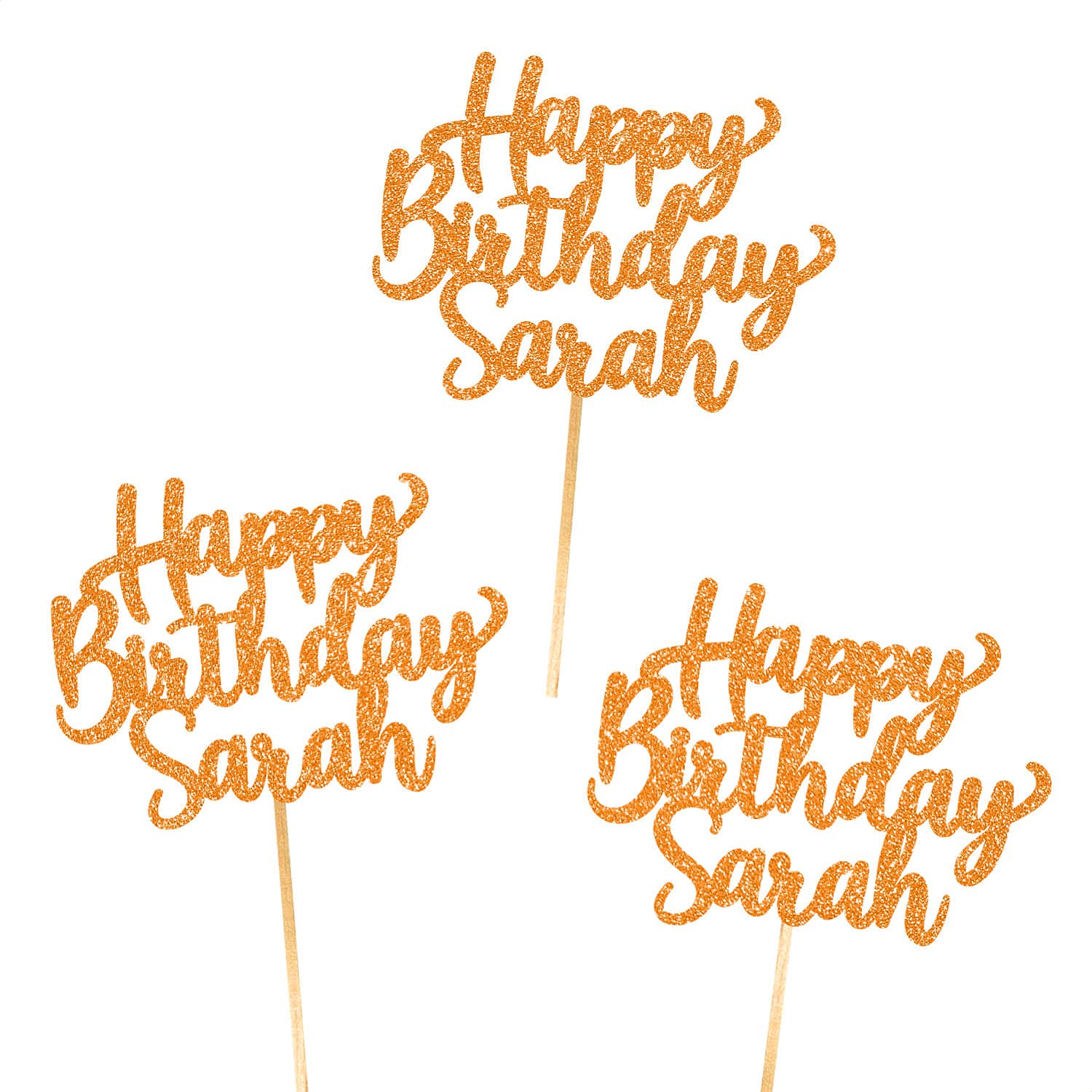 6X Personalised, Double Sided, Handmade Happy Birthday Glitter Cupcake Toppers by Cakeshop | Custom Colour Any Name 480gsm Glitter Cupcake Decorations | Orange