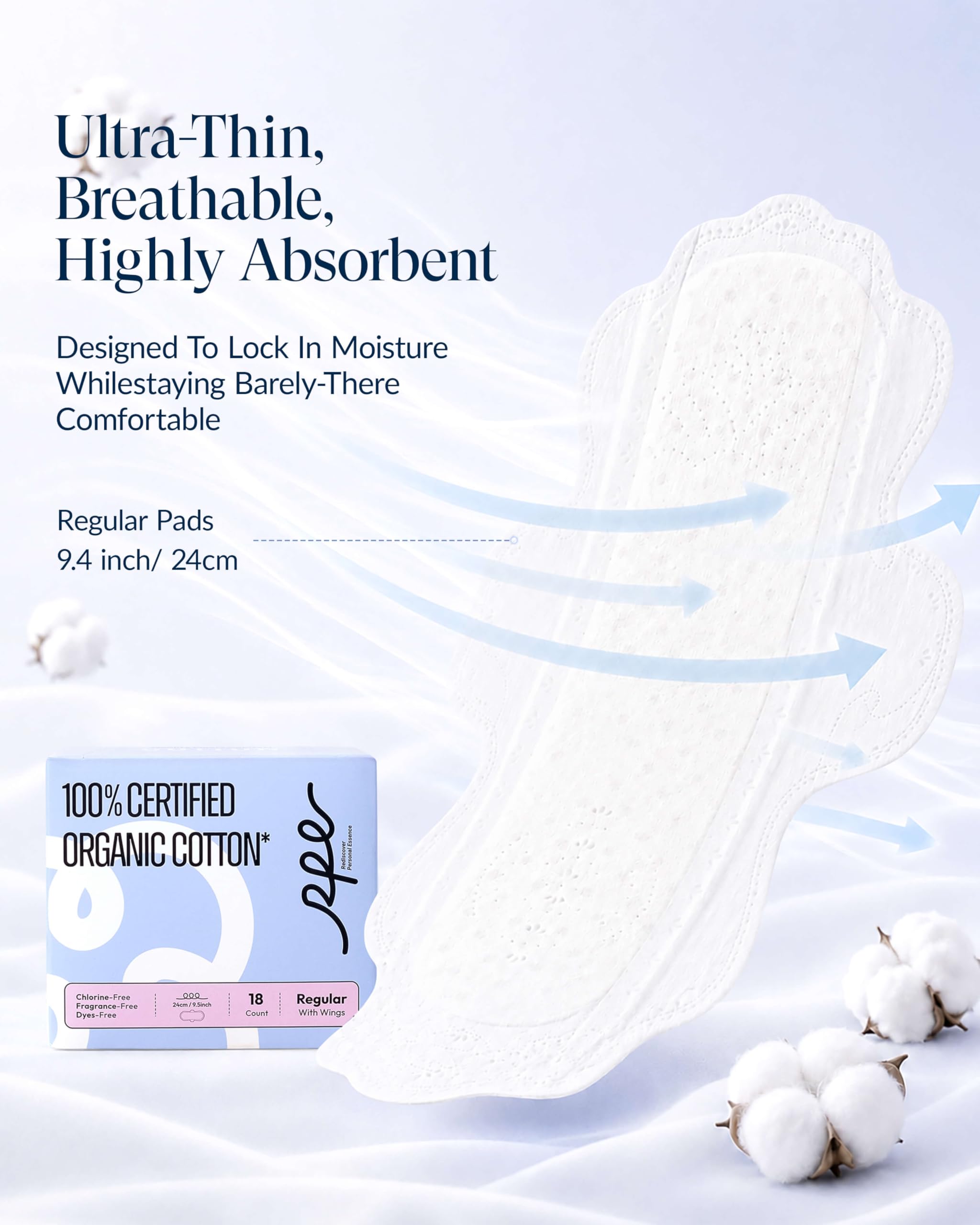 RPE Life 54 Stück Menstruationsbinden aus 100% Bio-Baumwolle mit Flügeln | Atmungsaktive, ultradünne Menstruationspads mit Flügeln und zuverlässigem Auslaufschutz für empfindliche Haut.