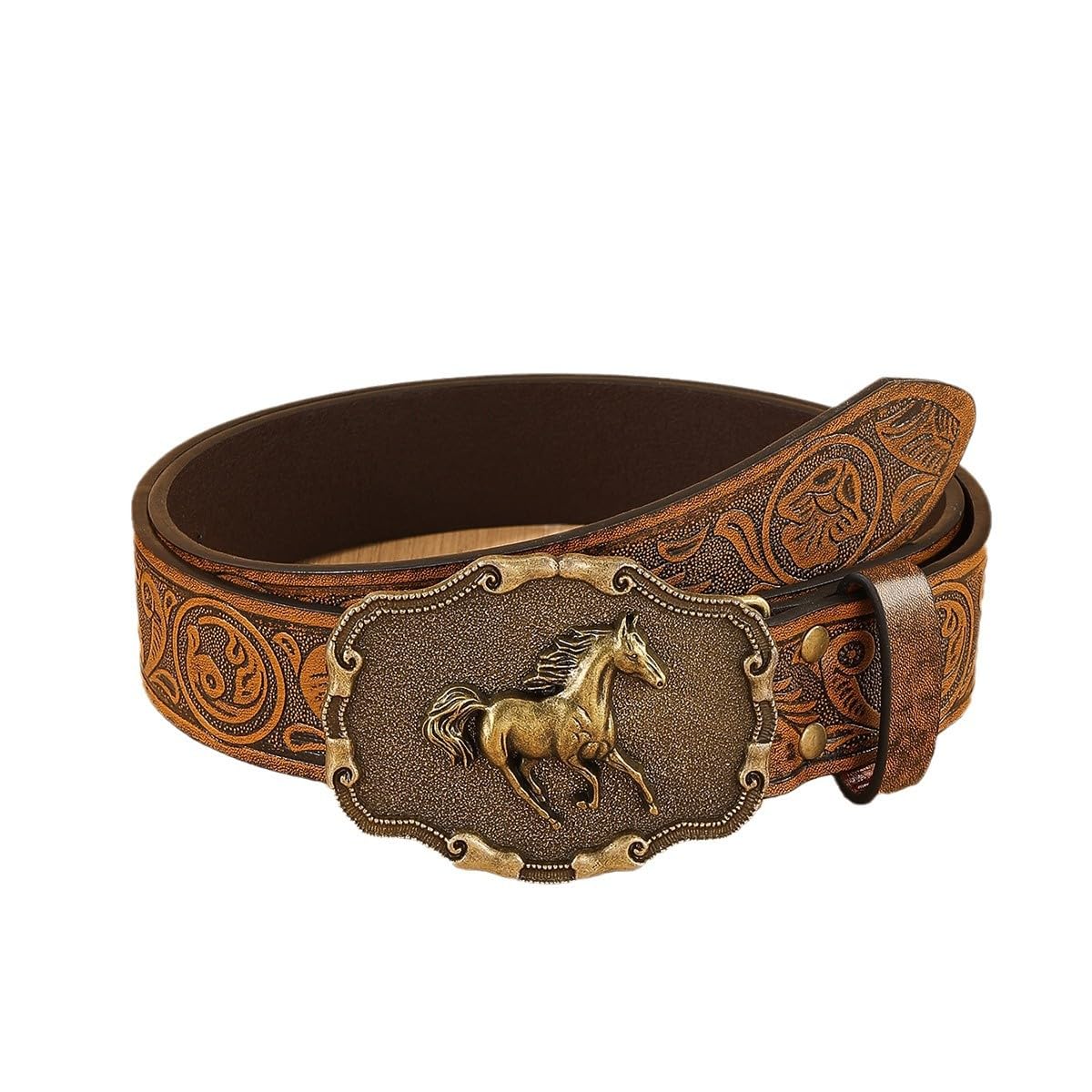 Novocloud Western Leather Cowboy Belt for Men Women, Floral Engraved Cowgirl Belts, Leather Horse Buckle Belts, Cowboy Buckle Belt for Jeans (120, Centimeters)