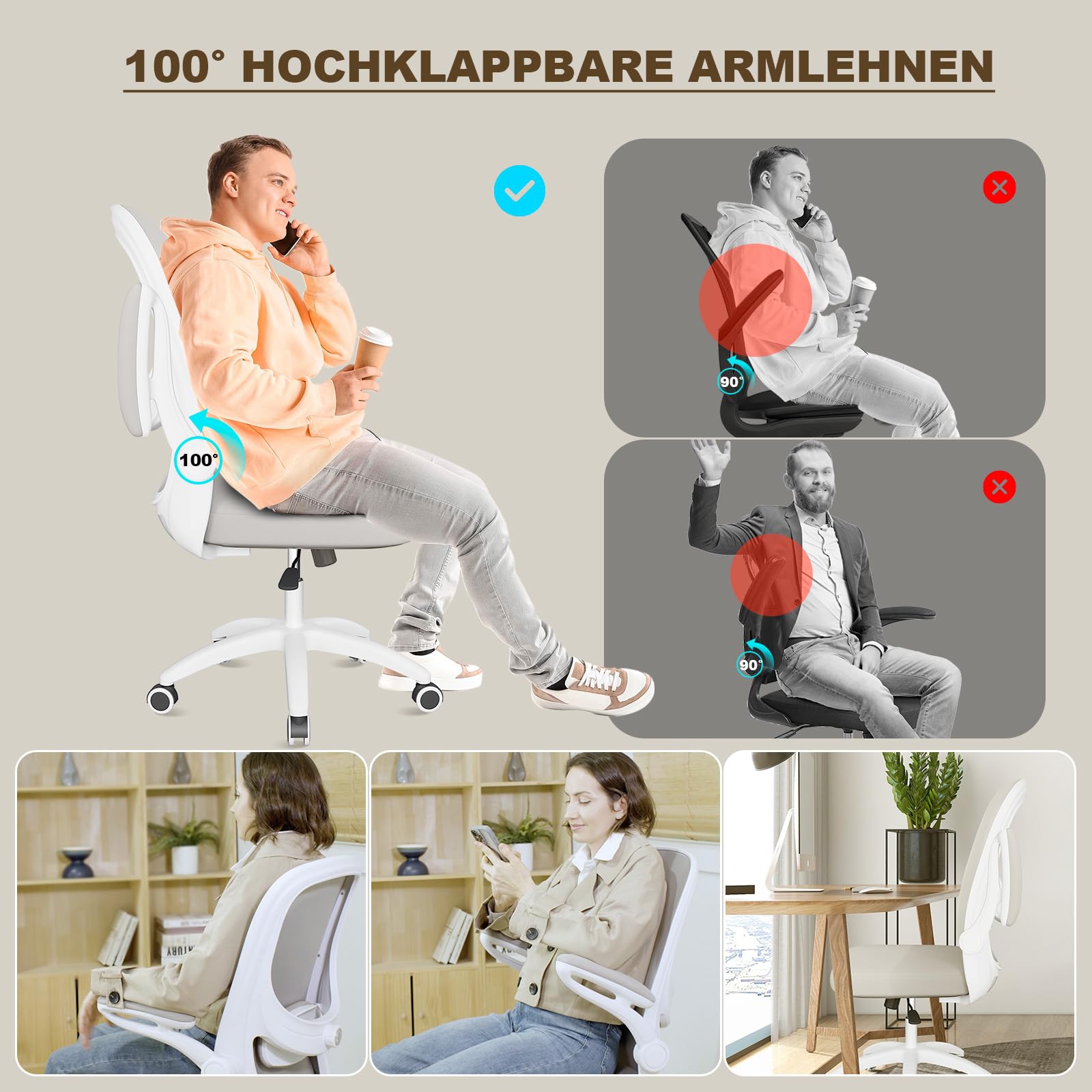 MELOKEA Schreibtischstuhl mit bionischer 4D-Lendenstütze und Klapparmlehnen | Bürostuhl Ergonomisch mit 100° hochklappbarer Armlehne, Office Chair Höhenverstellbar, Mesh Computerstuhl, Grau beige