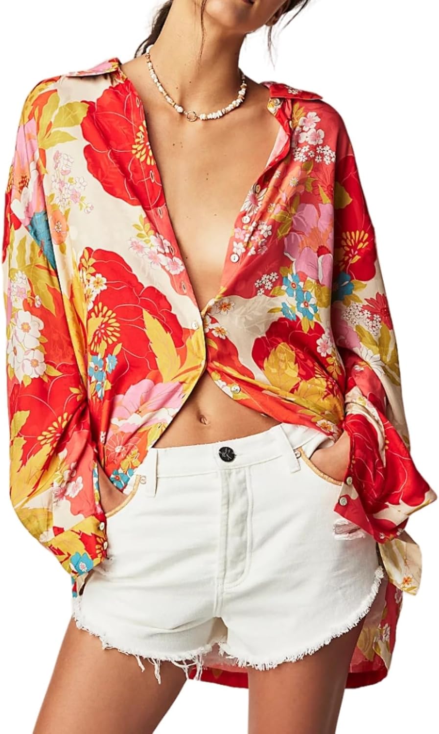 Boho Floral Print Women Blue Shirts Loose Fit Button Down and Long Sleeve Trendy Summer Fall Fashion Vacation Top