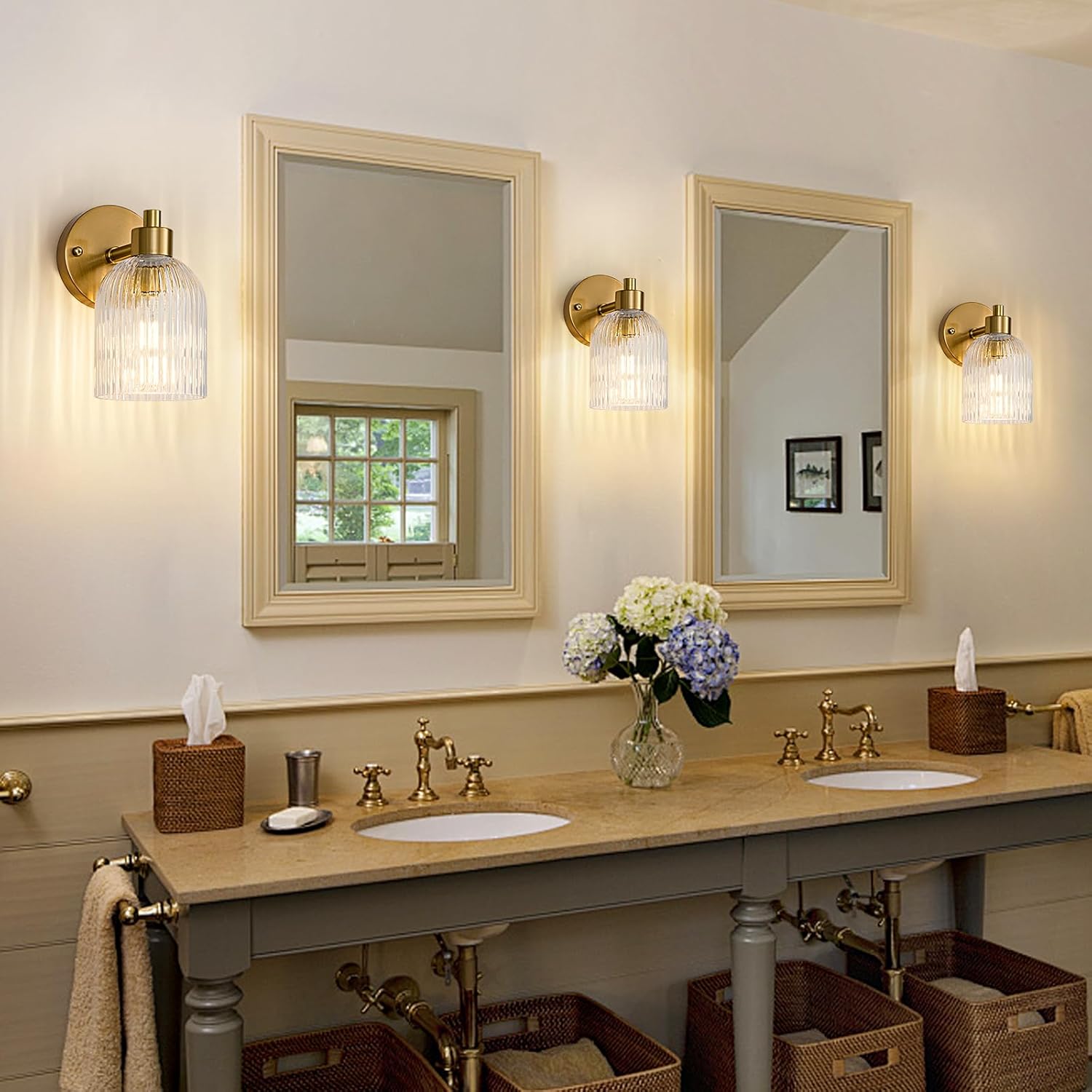 Gold Modern Wall Sconce Set of 2 Glass Bathroom Vanity Lighting Fixture Sconces Wall Lighting Brushed Indoor Wall Mounted Lamp for Living Room Bedroom Bathroom