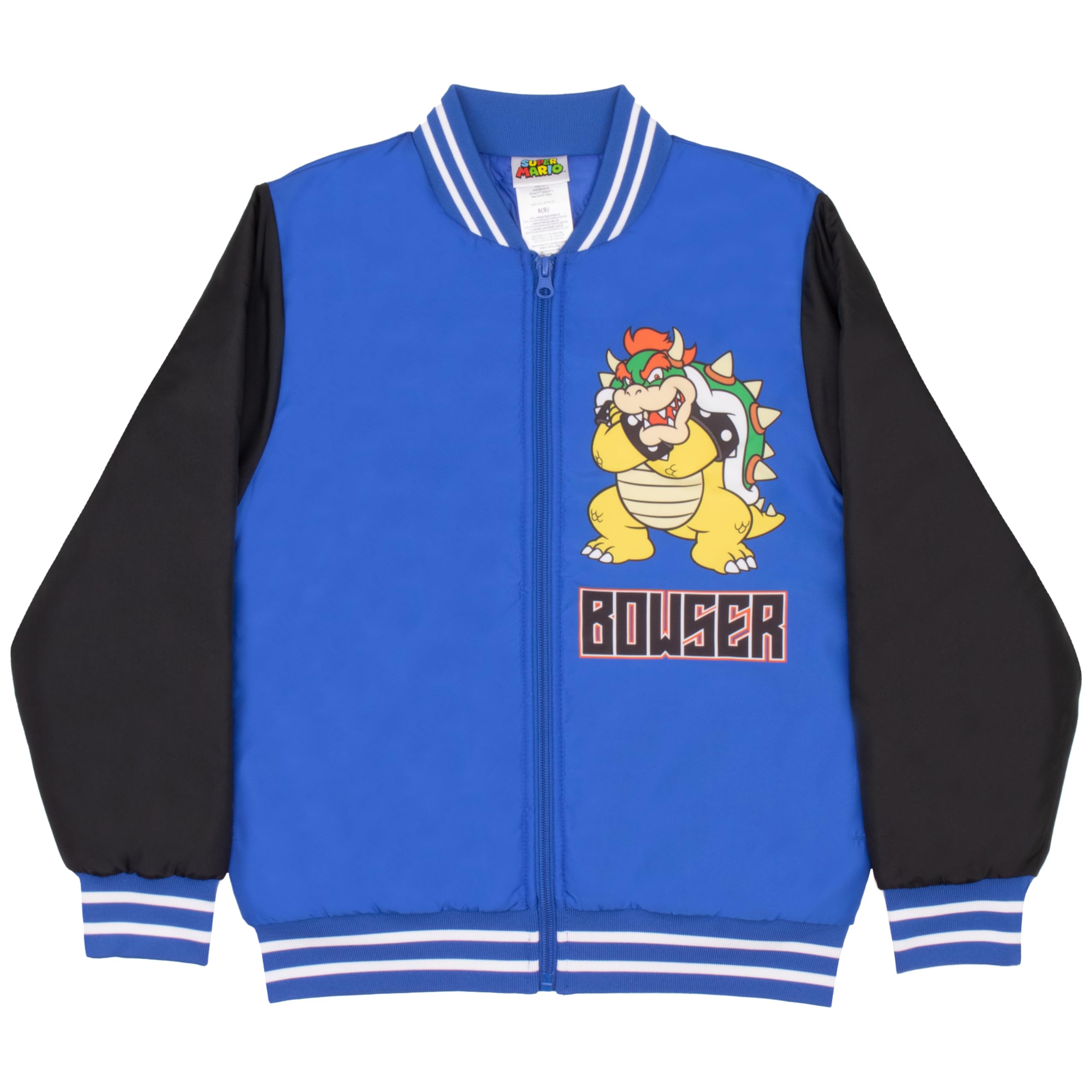 Nintendo Super Mario Bros Boys Varsity Bomber Jackets Zip-Up Bowser Graphic  Print Jacket for Kids Teens Casual Fashion Coats (Blue Black Size