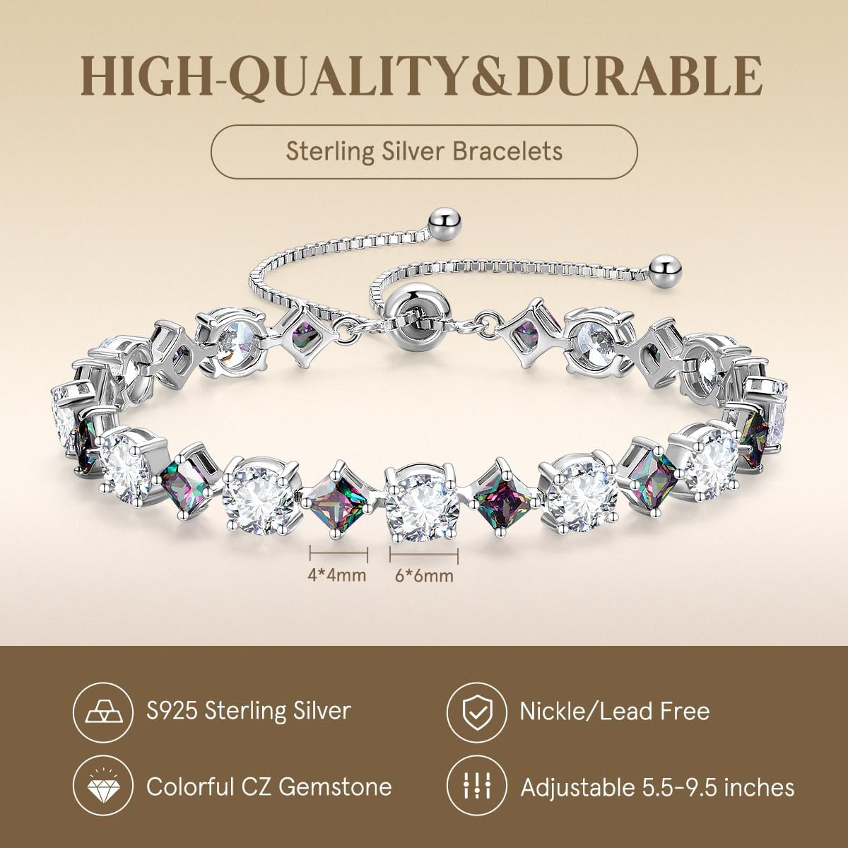 FANCIME Rhythm of Light Sterling Silver Tennis Bracelet Birthstone Bolo Tennis Bracelets for Women Fine Jewelry Birthday Gifts for Women - Image 4