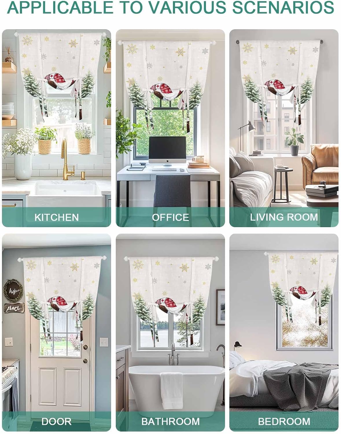 Christmas Gnomes Tie Up Curtains for Kitchen Bathroom Bedroom Windows 45 Inch Length, Balloon Drape Curtains Shade Rod Pocket Drapery Curtain Gold Snowflake Snowy Tree 1 Panel, 42"x45"