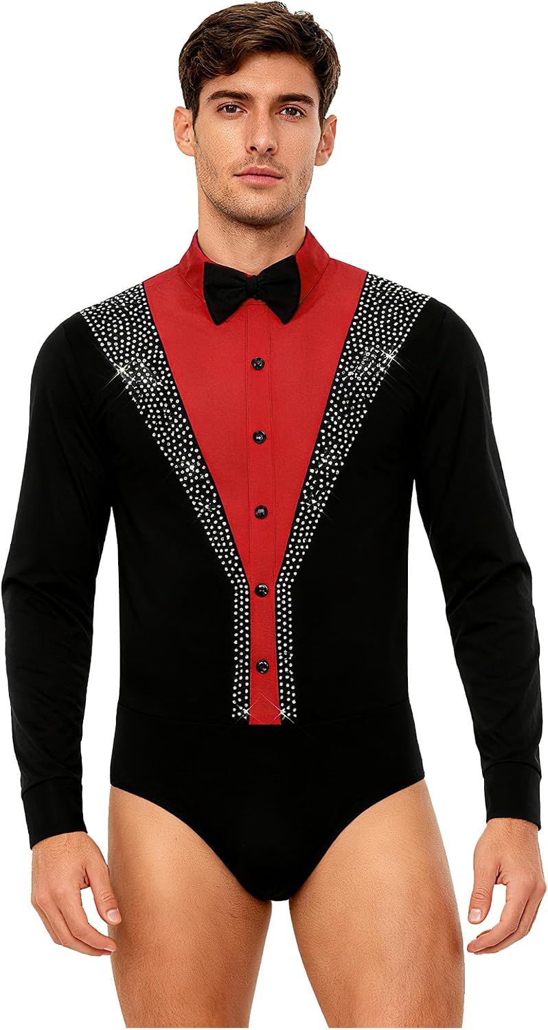 Men's Latin Salsa Dance Shirt Leotard Long Sleeve Bowtie Tuxedo Shirts Modern Dance Costume Bodysuit