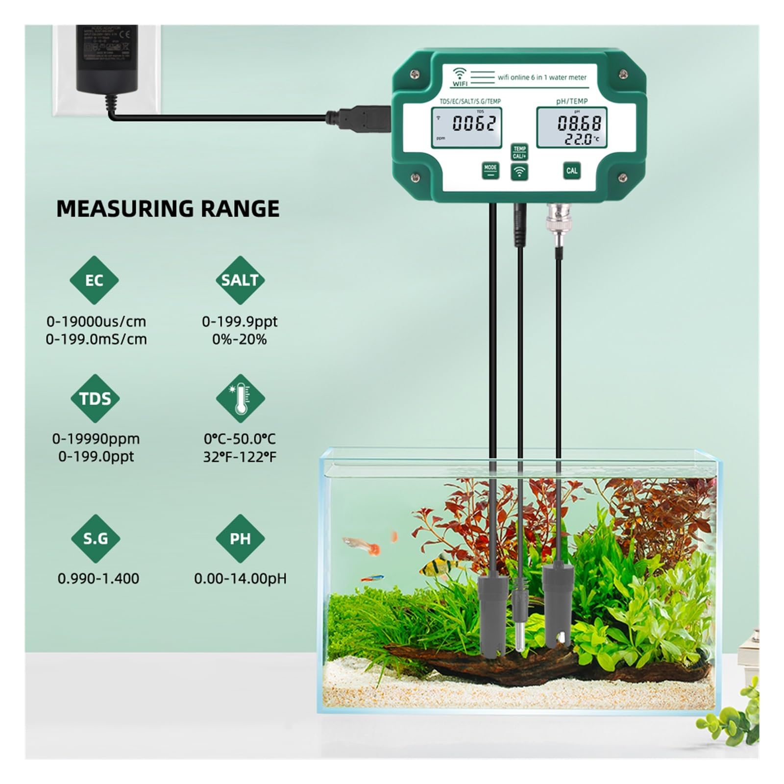 JACOJE Digitaler PH-Tester für Wasser 6-in-1-Datenlogger PH EC TDS Salt SG Temp Meter Digitaler Wasserqualitätstester WiFi Smart Monitor Tuya APP Einfache Kalibrierung (Color : Calibrate)
