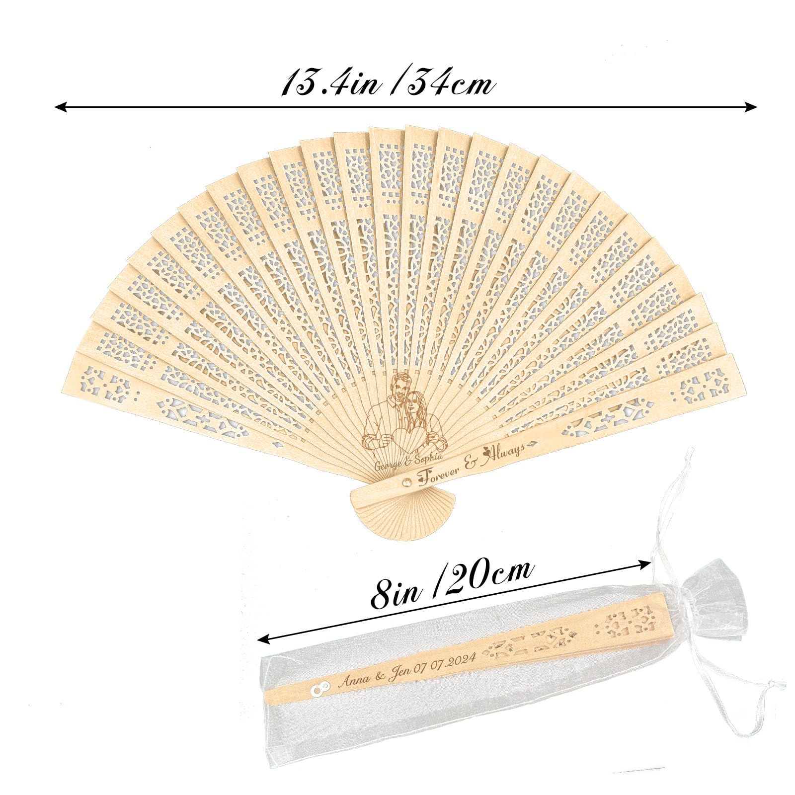 MaWeeTn Wedding Fans for Guests Bulk 100 Personalized Folding Hand Fans with Organza Bags, Custom Wooden Sandalwood Fan Gift for Party Favor Bridal Shower
