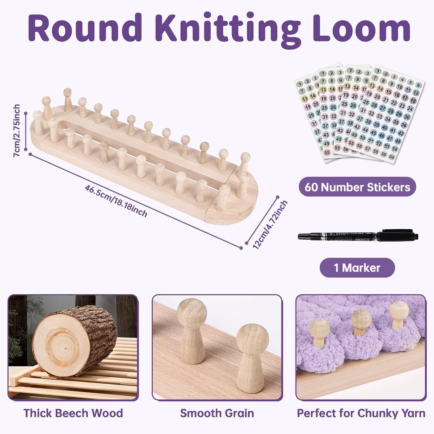 HomdMarket 18-inch Round Knitting Loom, Adjustable Circular Weaving Loom for Hats & Scarves - Premium Pure Beech Wood, Beginner-Friendly - Includes Number Stickers & Marker