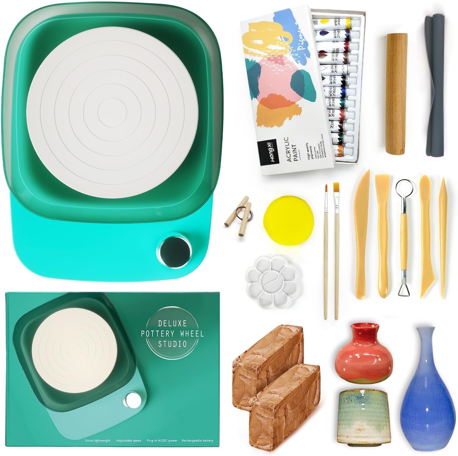 Pottery Wheel for Adults Beginners Kids - 6" Variable Speed Pottery Wheel Tool Kit, RPM Speed Adjustable with Rechargeable Battery, 1.8 Lb Air Dry Clay, Art Supplies, Crafts for Adults Teenager