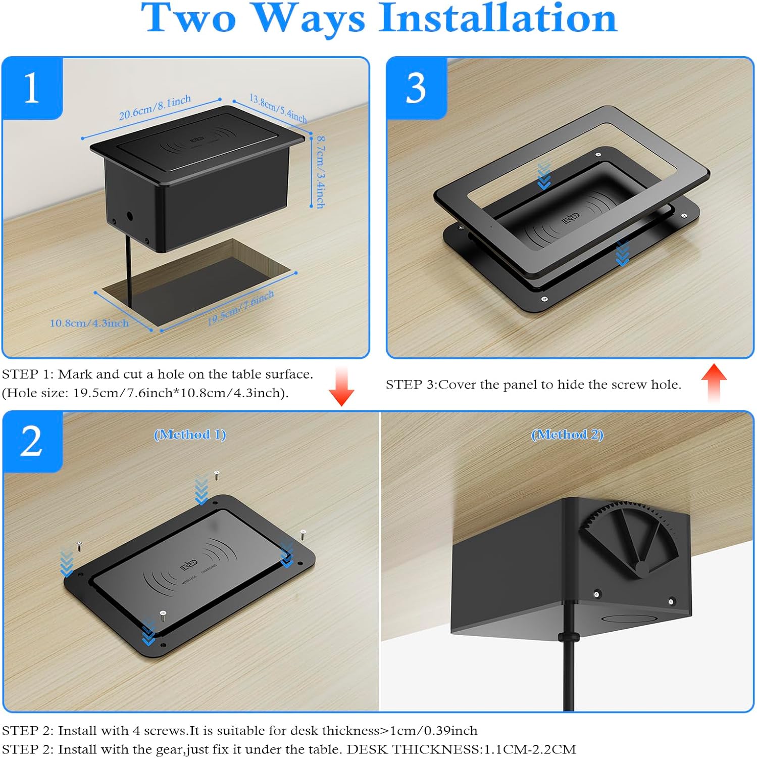 Pop Up Outlet for Countertop with 20W USB C, Pop up Power Outlet with 15W Wireless Charging, 2 AC Outlets and 18W USB A Ports, Recessed Power Strip with 6FT Cords for Office, Conference, Bedroom,Black