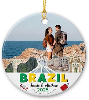 Upload Photo Brazil Vacation Trip Ornament, Personalized Brazil Travel Christmas Ornament, Brazilian Landmark Ceramic Ornaments, Custom Country Souvenir Decor Gift for Him Her Travel Enthusiast