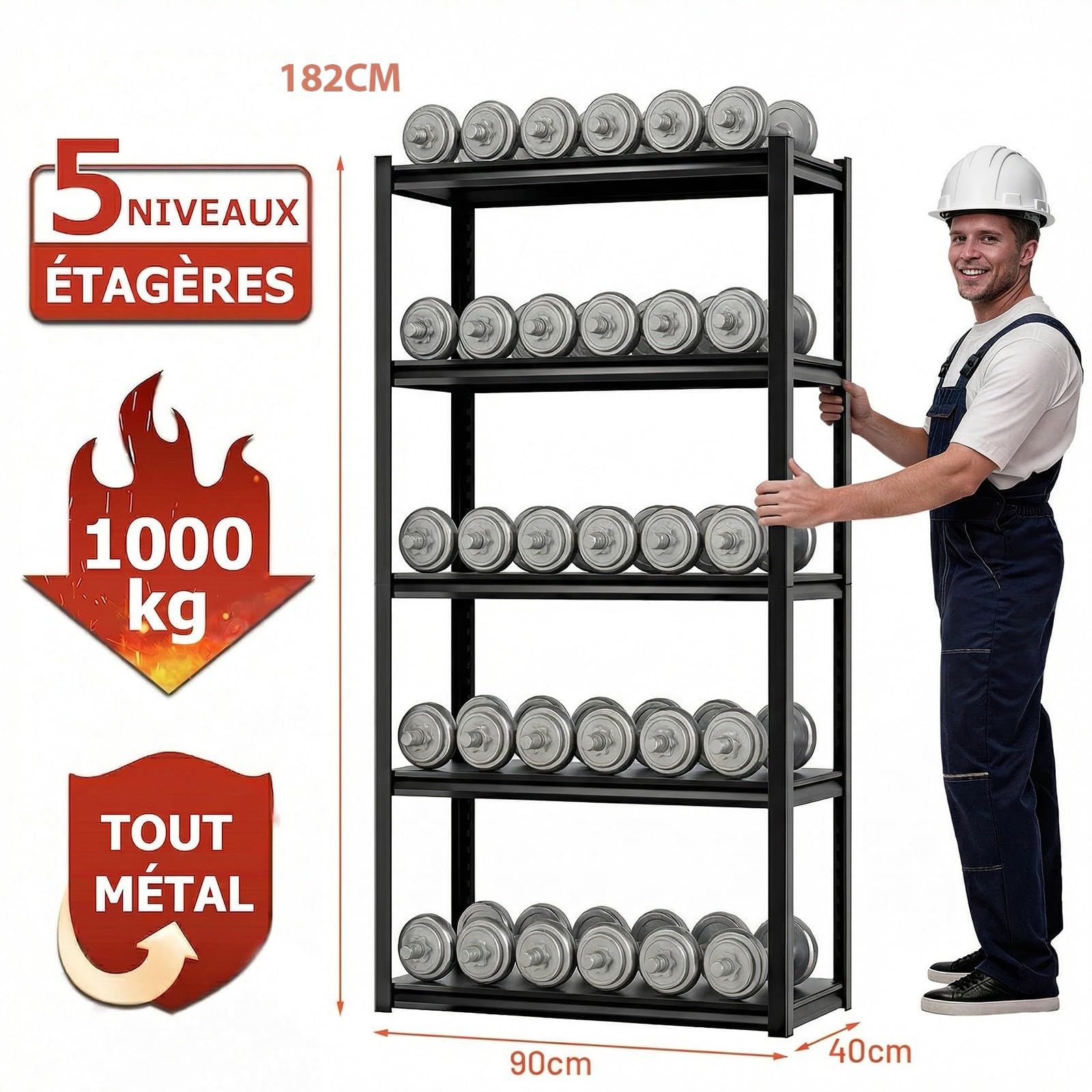 Himimi Étagère de Rangement 5 Niveaux 1000 kg Étagère Métallique Robuste avec Clayettes Réglables en Hauteur Étagère Ouverte pour Cave Garage Entrepôt Cuisine Rayonnage de Stockage 90x40x182 cm Noir
