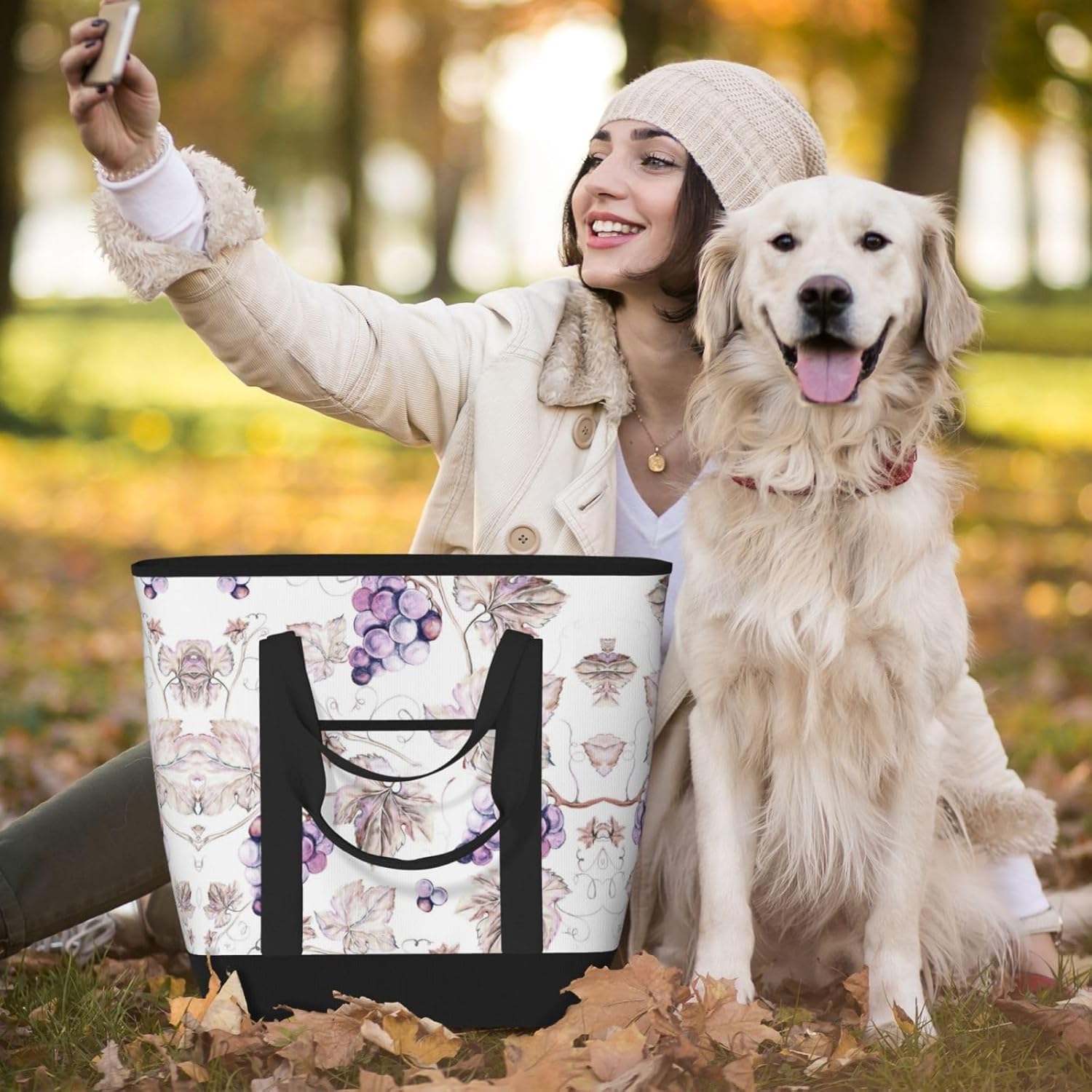 Beautiful Grape Leaves Print Large Cooler Bag Tote Bag,Reusable Grocery Bag,Lunch Box Bag, For Picnic Beach Camping