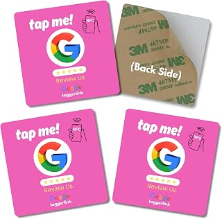 NFC Google Review Tap Card– Reusable Phone Table/Window Tap Plate Sticker– Boost 5-Star Ratings – No App Needed – 3-Pack (Google – Tap Tag (Candy Pop Red)
