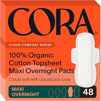 Cora 100% Organic Cotton Topsheet Pads Maxi Overnight Pads 48 Count