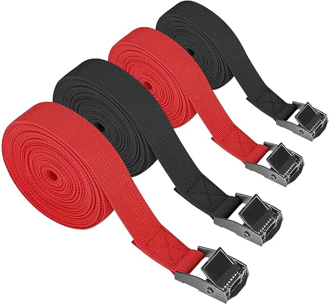 RIO Direct 4 Pack Ratchet Tie Down Straps, Heavy Duty Tensioning Belts Adjustable Lashing Straps for Motorcycle,Cargo, Trailer,Trucks,SUP Kayak,Luggage, 5M x 25mm (Black+Red)