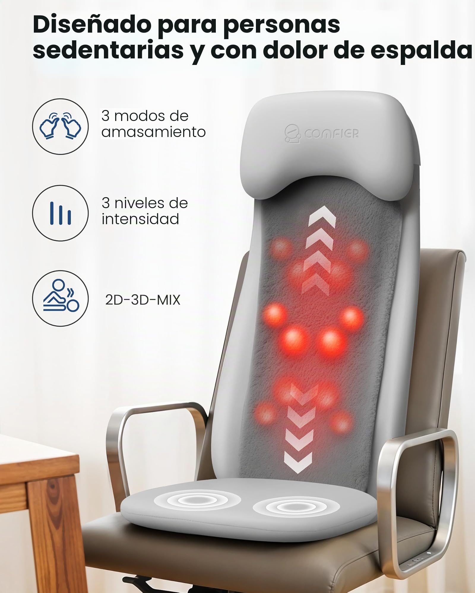 COMFIER Funda para Asiento de Masaje Shiatsu, Masajeador Cervical y Espalda, Colchoneta de Masaje con Función Calor, 3 Intensidades, para el Hogar y la Oficina