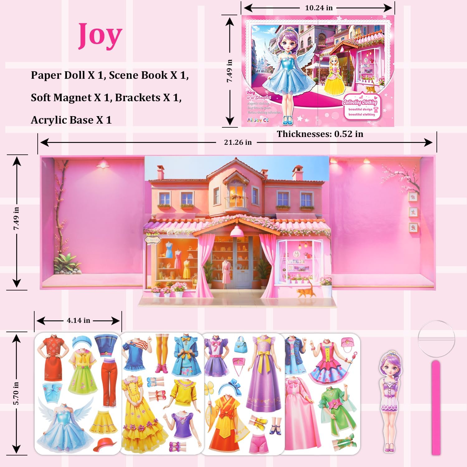 Yuzee Magnetic Dress Up Paper Dolls for Girls Ages 4-7 Princess Game Toys, Magnetic Doll Dress Up Kit Includes 1 Paper Doll and 33 Clothing Accessories with 3D City Building Mall, Girls Dress Up Game