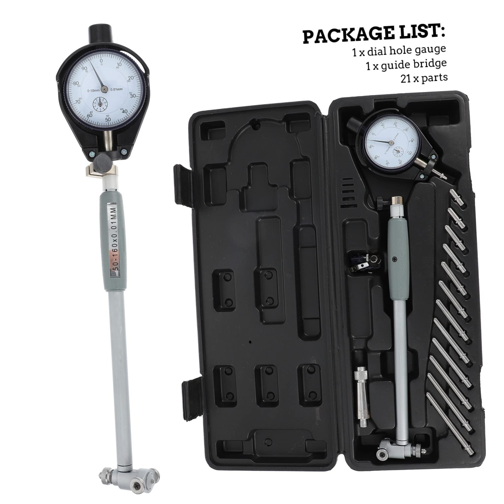 ULTECHNOVO Calibre de Orificios de Medición Manual de Precisión, 50-160mm, 0,01mm, Acero, para Reparación de Vehículos | Acero Negro, 1 Juego, Medición Manual Precisa, Uso en Reparación de Vehículos