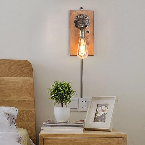 Lámparas colgantes industriales de pared con cable enchufable, apliques antiguos retro con placa de madera, iluminación de pared sin agujero de