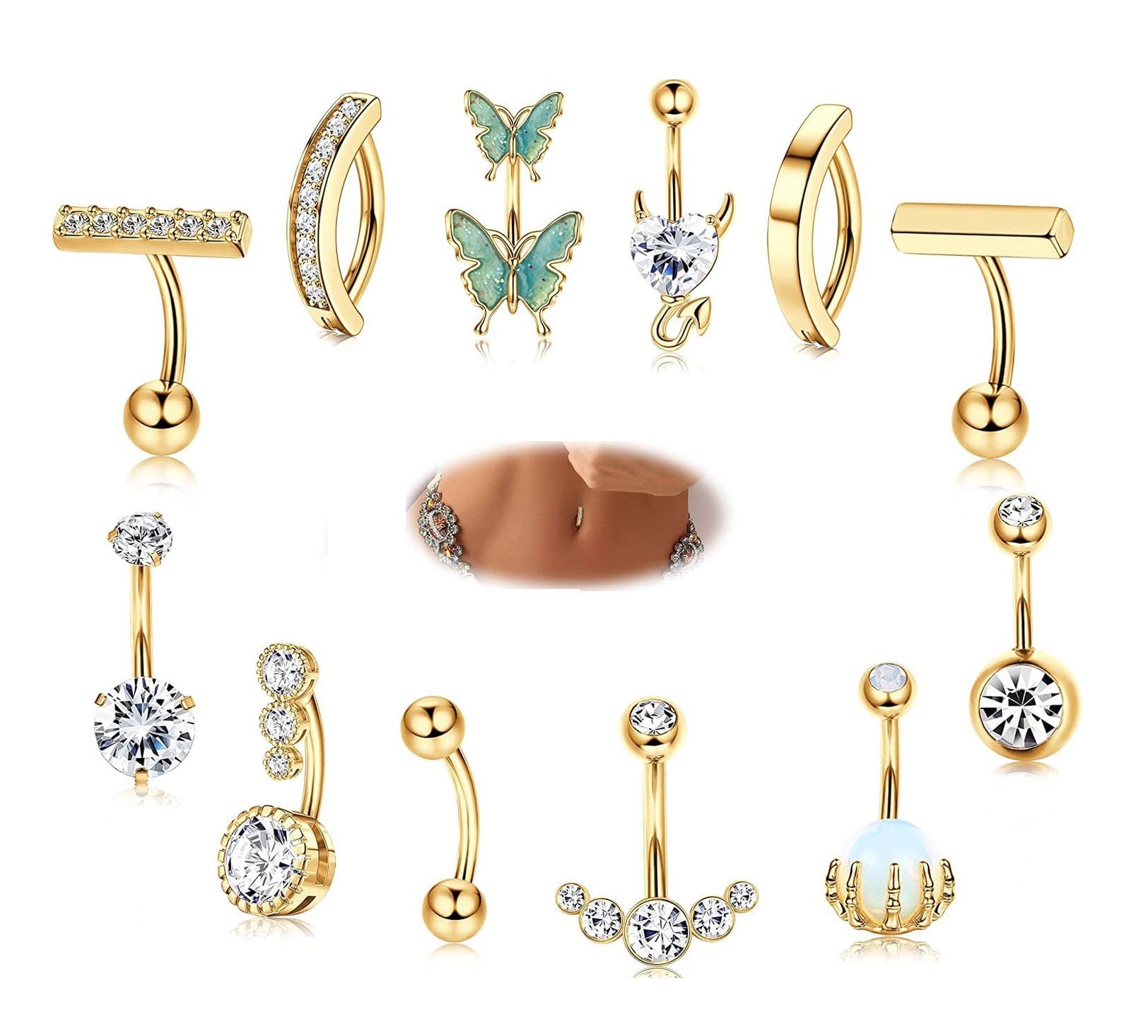 Diamday 14G Ombligo Anillos Piercing Mujeres 12PCS Acero Quirúrgico Vientre Barra Clicker CZ Mariposa Vientre Anillos Ombligo Barras Curva Inversa Barbell Ombligo Vientre Body Piercing Joyería