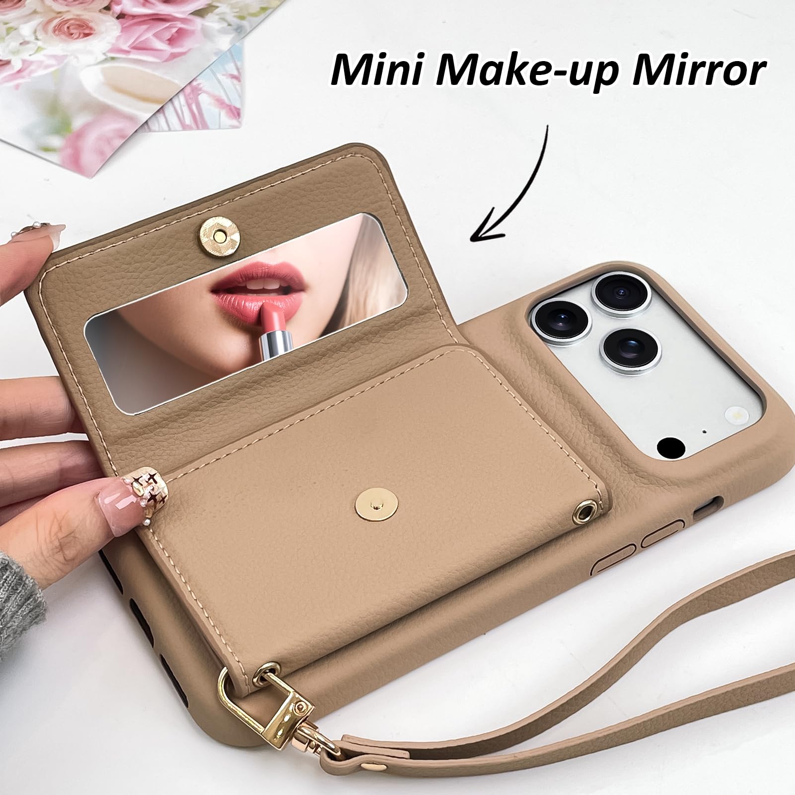 OOK Custodia a portafoglio per iPhone 17 Pro Max con porta carte di credito | Design multifunzionale con slot per schede, cinturino da polso, specchio nascosto, custodia protettiva sottile in pelle TPU