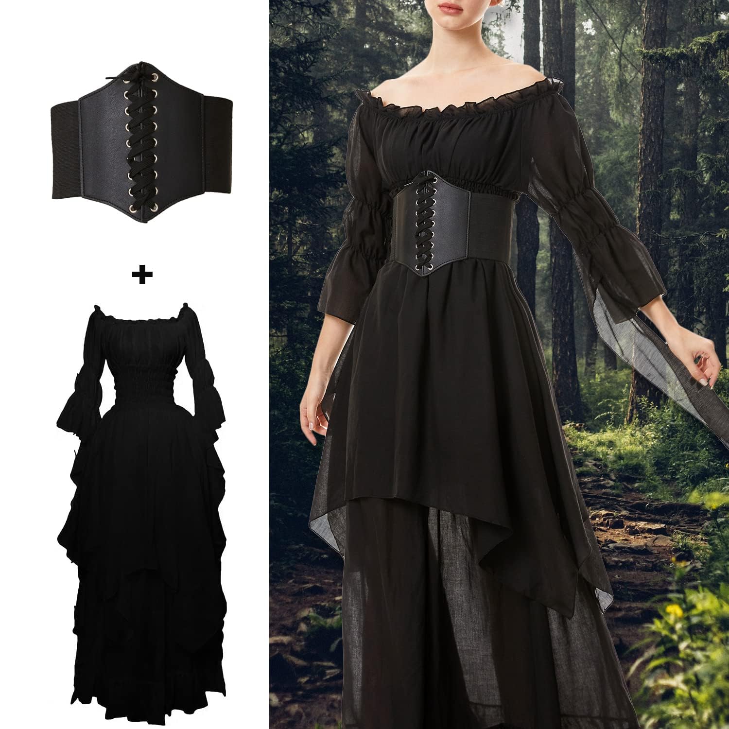 Damen Renaissance Kleid mit Korsett Gürtel, Halloween Mittelalter Kostüm