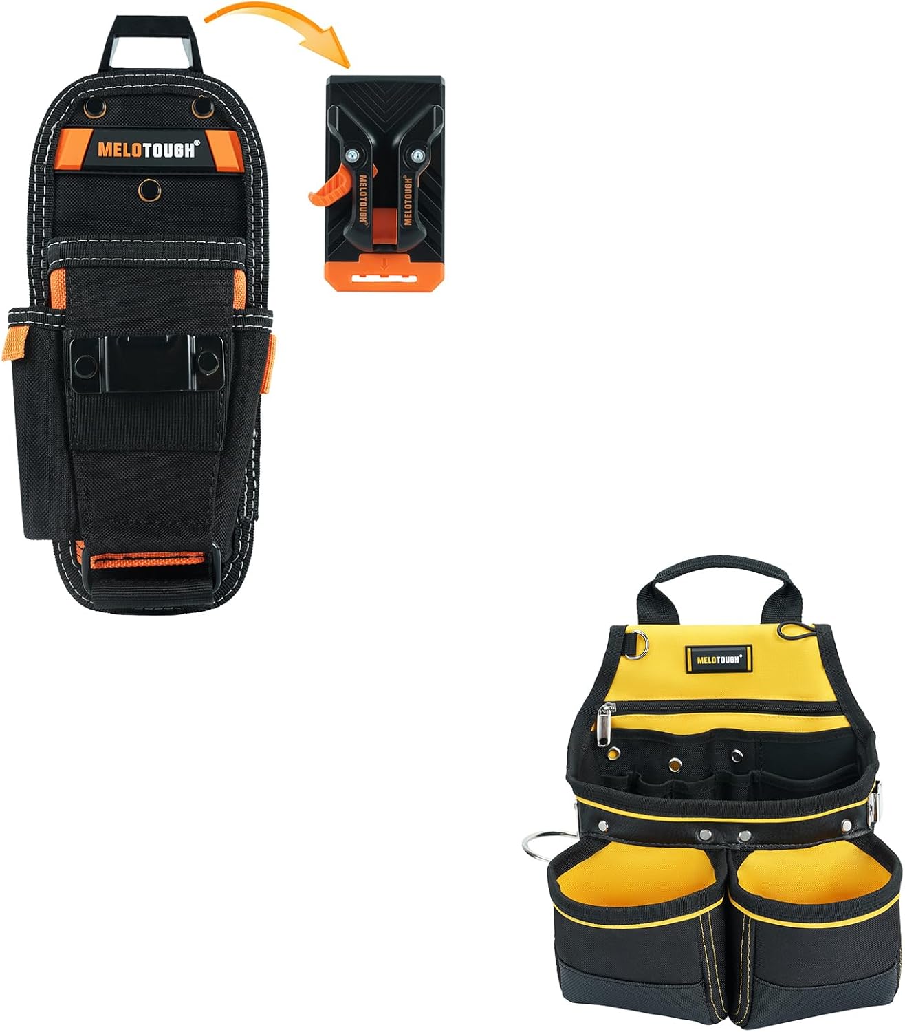 MELOTOUGH Small Tool Pouch with Quick Release Belt Clip,Clip On Tool Belt Pouch with Electrician Tapemeasure Clip + Carpenter Tool Pouch with 10 Pockets,Electrician Tool Pouch,Framer Belt Bag