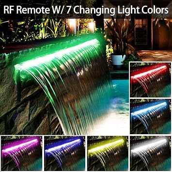 PONDO Pool Fountain, Stainless Steel Waterfall Spillway with Wider Water Flow Platform, Multi-Color LED Light & Spillway Cleaning Kit for Garden Outdoor Decoration (12 inch)