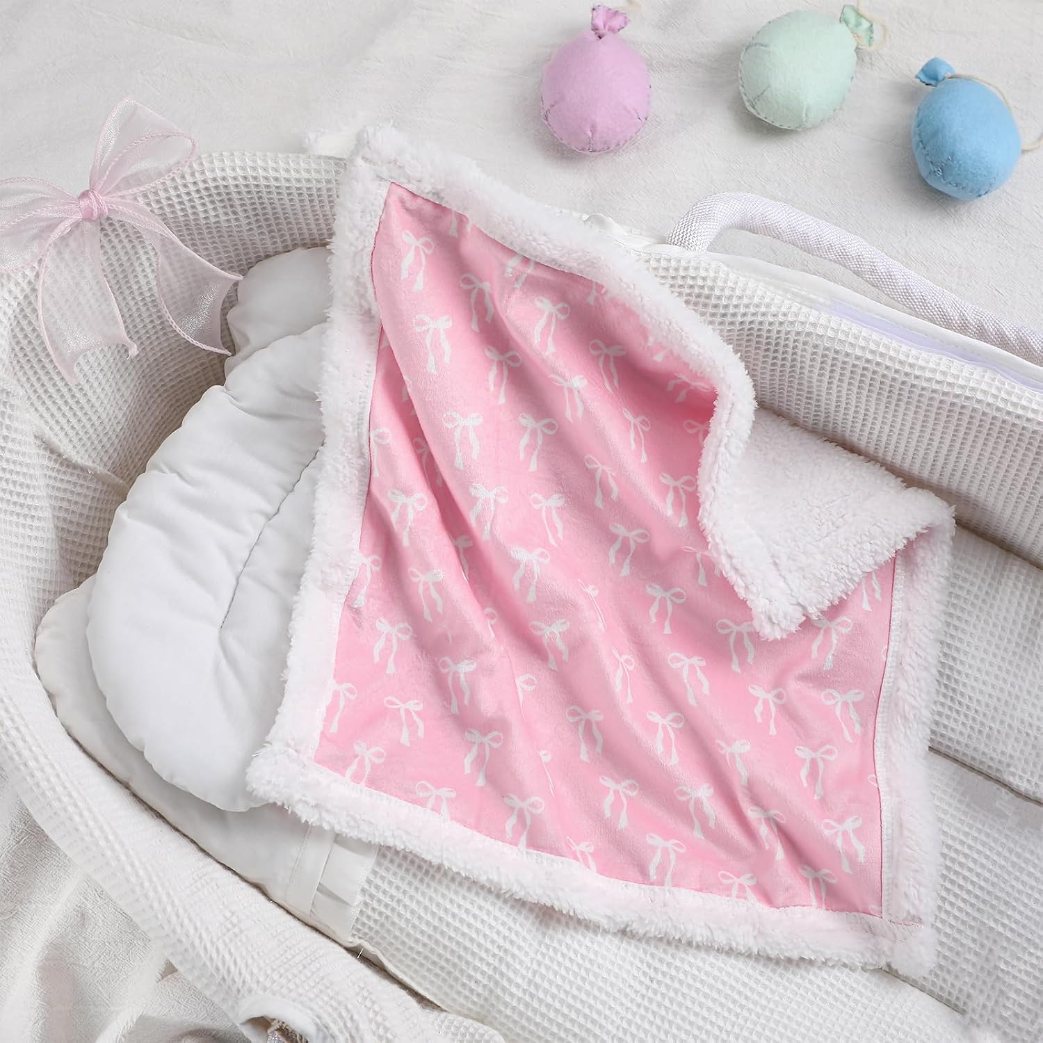 Newwiee Pink Bow Baby Doll Blanket Small 14"x14" Chenille for Girls Boys
