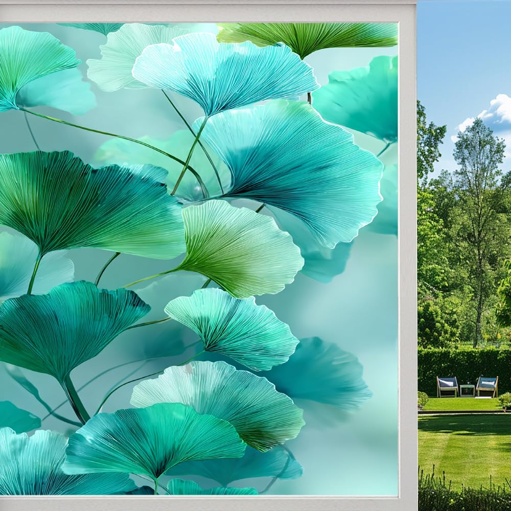 Pmlbaous Green Leaf Stained Glass Window Film, Ginkgo Leaves Natural Plant Peel And Stick Privacy Film, Frosted Adhesive Vinyl Decorative For Bathroom Windows Glass Doors, （55X100cm）