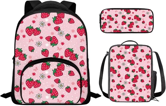 Cute Strawberry Backpack for Girls Kids Backpack with Lunch Box and Large Pencil Case 3 in 1 Set 12" Lightweight Bookbag with Front Pocket Sturdy School Bag with Side Pockets for Toddler Girls